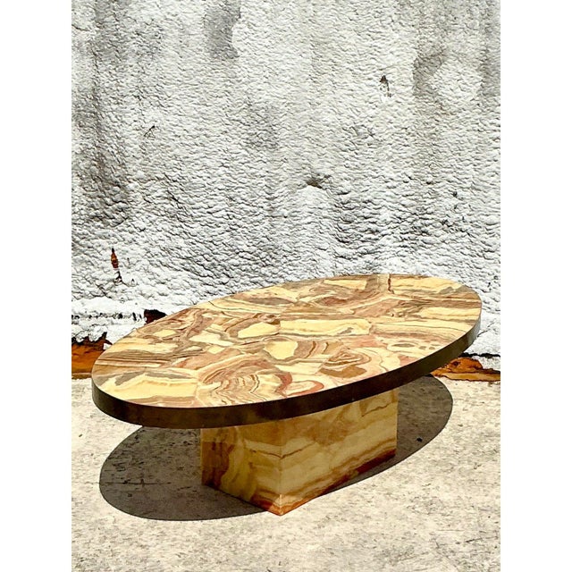Beige Vintage Boho Brass Band Onyx Coffee Table For Sale - Image 8 of 9