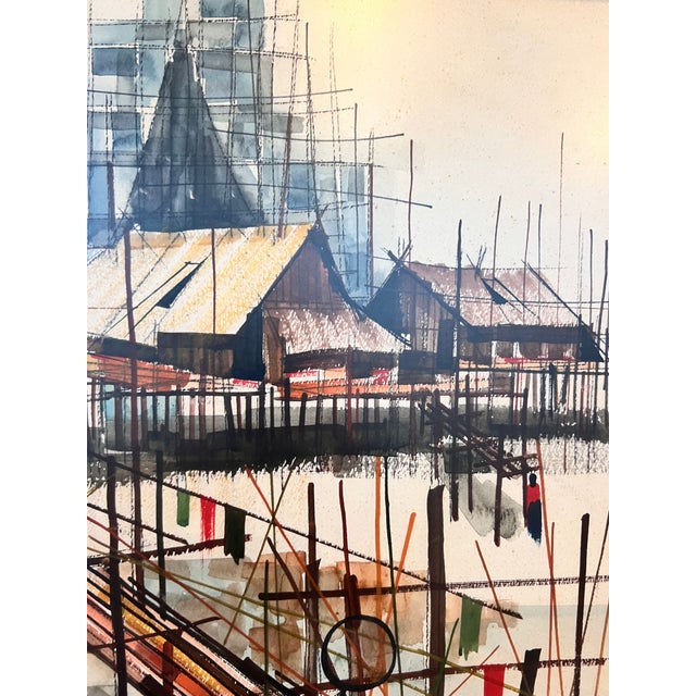 1960s Mid-Century Modern Thai Fishing Village Original Watercolor Painting by Sanga Mukmanee - Framed For Sale - Image 11 of 15