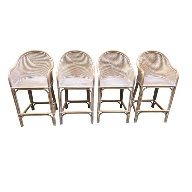 A chic set of 4 Bamboo / Rattan split reed counter-height chairs, byn Henry Link Cerused finish gives a fresh look to this...