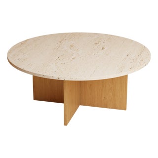 Round Roman Travertine and Oak Coffee Table by Lebanto For Sale