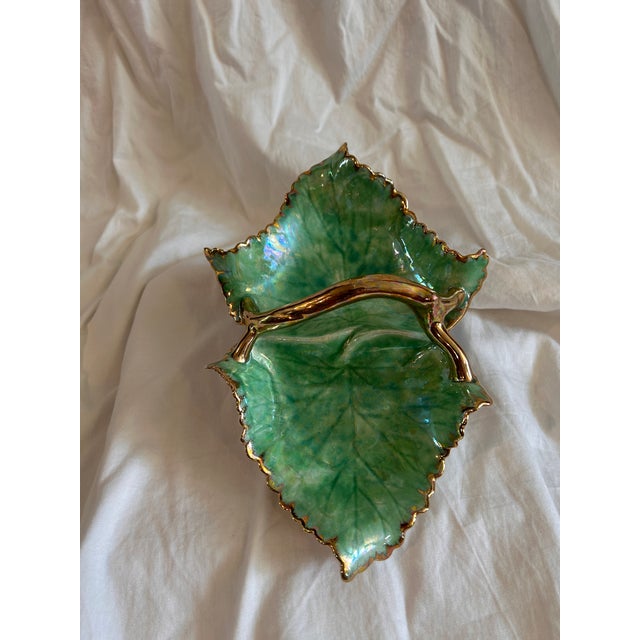 Whimsical, opalescent green mid 20th century serving dish with delicate gold trim. Featuring a makers signature, Ruth...