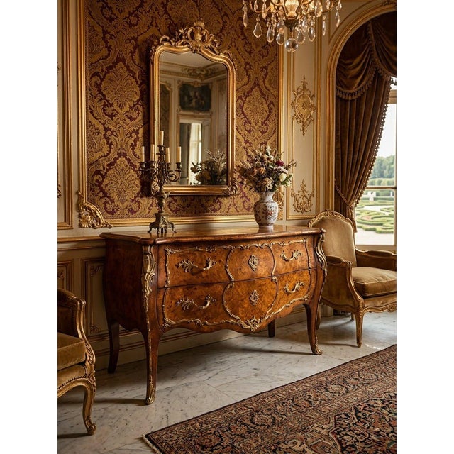 Exquisite Louis XV style bombe chest. Adorned with elaborate brass appliques, eschutcheons, corner and feet detail and...