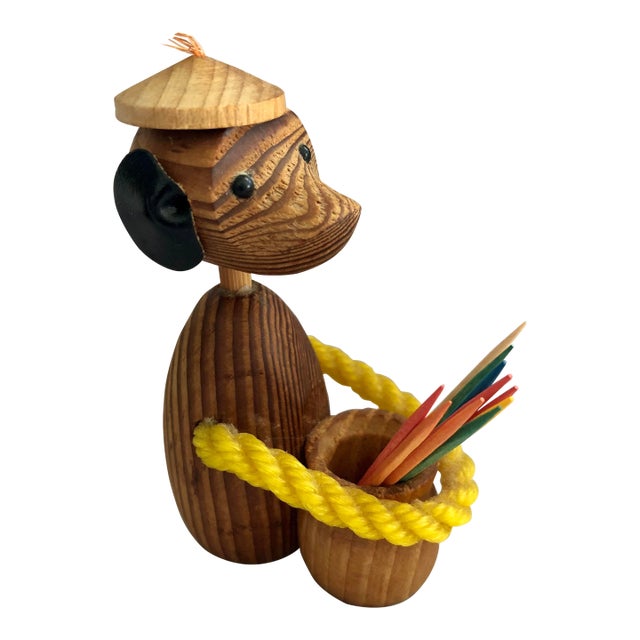 Mid Century Modern Teak Vintage Monkey With Beret Toothpick Holder For Sale