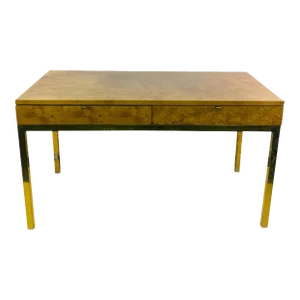 1970s Milo Baughman Modern Burlwood & Brass Desk
