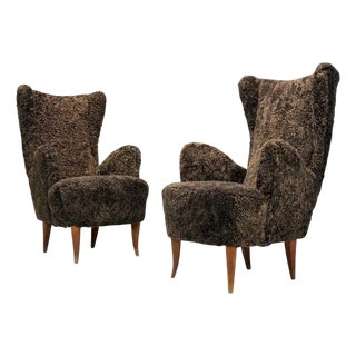 Italian Modern, Espresso Shearling, Walnut, Organic Lounge Chairs, Italy, 1950s - Set of 2 For Sale