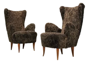 Italian Modern, Espresso Shearling, Walnut, Organic Lounge Chairs, Italy, 1950s - Set of 2