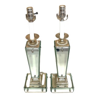 Sleek French Art Deco/ Moderne Style Mirrored Column Lamps - a Pair For Sale