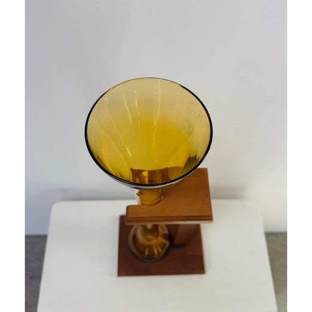 Wood Mid 20th Century Amber Empoli Glass Vase on Wood Stand For Sale - Image 7 of 9