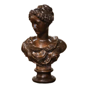 19th Century French Patinated Cast Iron Female Bust Signed Barbezat & Cie