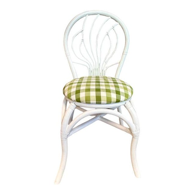 Set of 3 White Rattan Dining Chairs With Green Gingham Cushions For Sale - Image 4 of 9