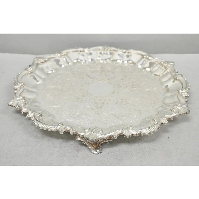 Vintage Sbep Victorian Silver Plated Round Scalloped Salver Bar Tray Platter For Sale - Image 14 of 14