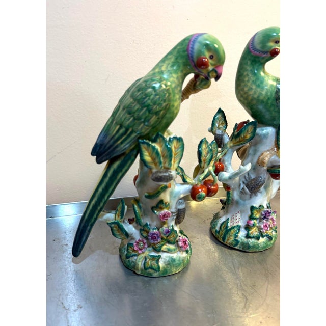 Chinoiserie Wong Lee Style Green Chinoiserie Parrot Sculptures, Set of 2 For Sale - Image 3 of 8