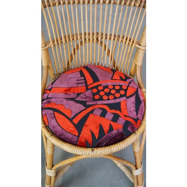Wood Set of Vintage Rattan Boho Chairs with Colorful Upholstered Seats, 1960s For Sale - Image 7 of 16