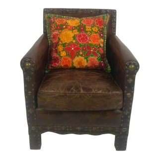 1970s Vintage French Leather Club Chair with Pillow For Sale