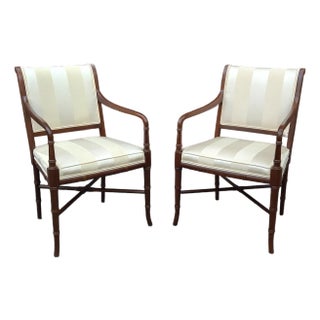 Late 20th Century Pair of Hickory Chair Co Regency Style Mahogany and Upholstered Armchairs For Sale