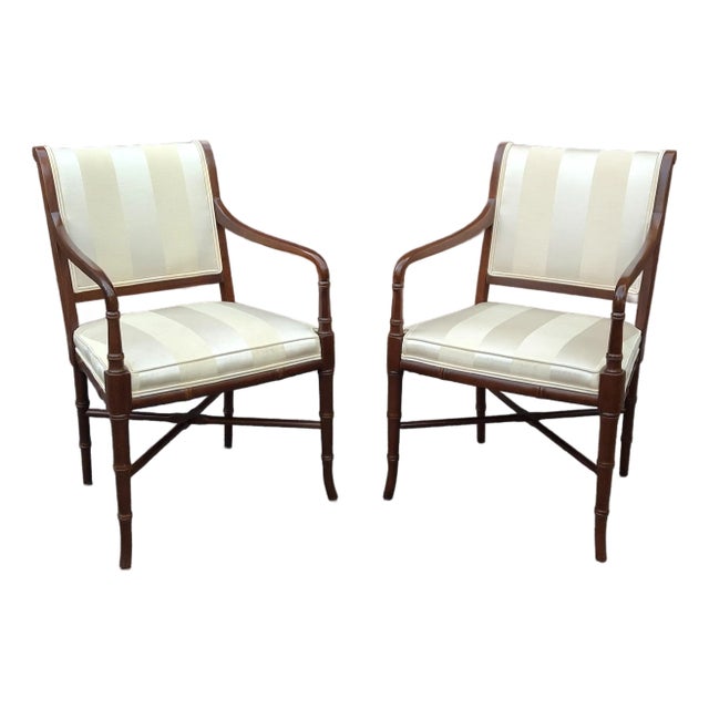 Late 20th Century Pair of Hickory Chair Co Regency Style Mahogany and Upholstered Armchairs For Sale