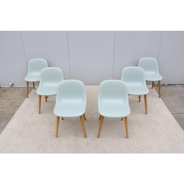 Iskos-Berlin Design Danish Iskos-Berlin for Muuto Blue Leather Fiber Side Chairs Wood Base, Set of 6 For Sale - Image 4 of 18