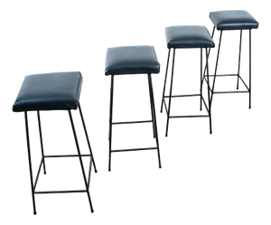 1960s Mid Century Modern Bar Stools Black Wrought Iron Square Upholstered Cushions- Set of 4