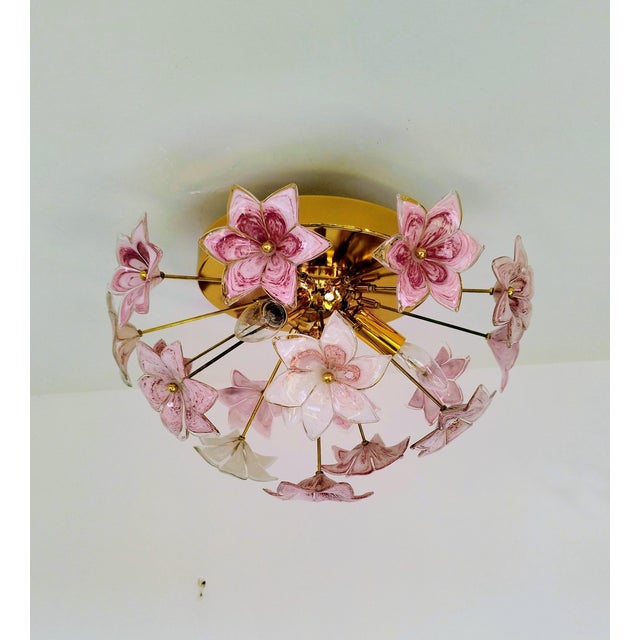 Murano Style Flush Mount Pink Purple Flower Ceiling Light Glass Chandelier For Sale - Image 6 of 11