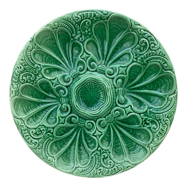 19th Century French Green Majolica Oyster Plate For Sale