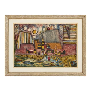 1956 Mid-Century Modern Abstract Harbor Village Mixed Media on Paper, Signed & Framed For Sale