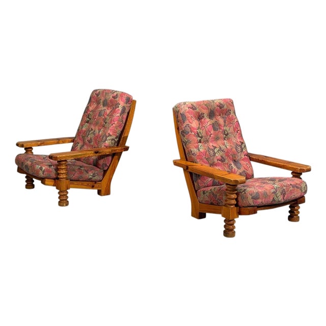 Collden, Brutalist Lounge Chairs, Pine, Fabric, Sweden, 1970s For Sale