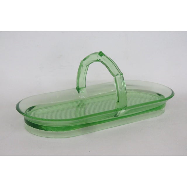 Green Early 20th Century Green Uranium Depression Glass Oblong Celery Tray Serving Dish With Handle For Sale - Image 8 of 16