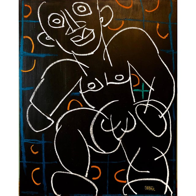 Louis Stettner, Rare Modernist Oil Painting Line Drawing Nude Man Louis Stettner, 2011 For Sale