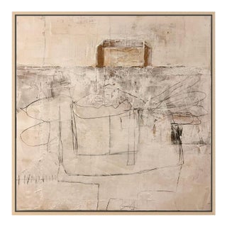 Christiane Corcelle "Suspendu Dans Le Monochrome" Mixed Media on Board, Framed Minimalist Abstract Painting in Cream and Beige, 2022 For Sale