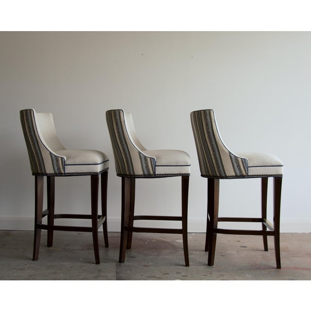 American Two-Tone Linen and Stripe Bar Stools With Brass Footrails by Wesley Hall, Set of 3 For Sale - Image 3 of 6