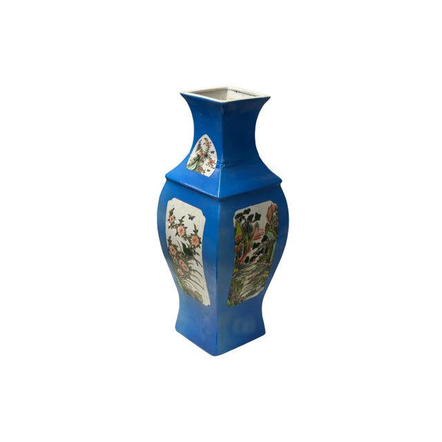 1980s Chinese Bright Blue White Window Scenery Graphic Square Porcelain Vase For Sale - Image 5 of 17