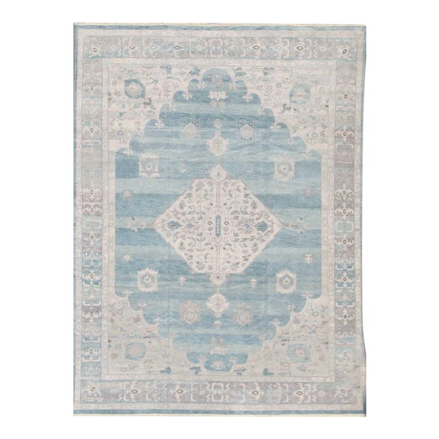 Modern Oushak Design in Silver, Light Gray, Taupe, Aqua and Sea-Foam Colors For Sale