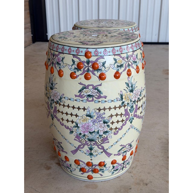 Late 20th Century Chinoiserie Chinese Export Ivory Ground Famille Rose Porcelain Garden Stools-Pair For Sale - Image 11 of 12