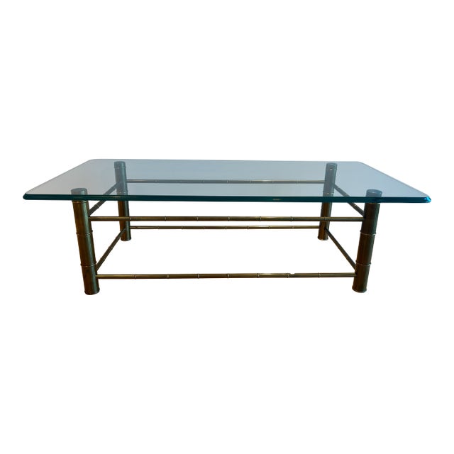 1970s Faux Bamboo Aged Brass and Beveled Glass Coffee Table Attributed to Mastercraft For Sale