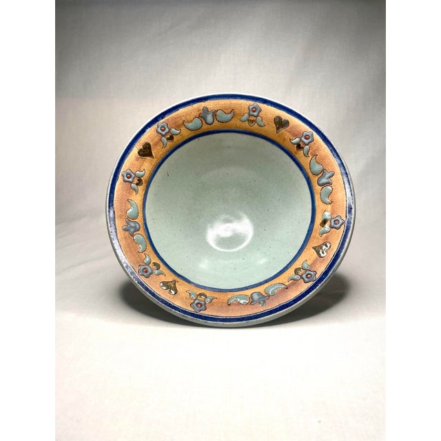 Vintage Folk Art Pottery Decorative Bowl in Pistachio Green, Blue, and Gold Finish For Sale - Image 9 of 10