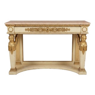 Late 18th Century Italian Neo-Classical Patinated Wood, Giltwood, and Sienna and Breccia Pernice Marble Console Table With Caryatids Legs For Sale