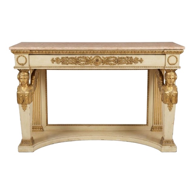 Late 18th Century Italian Neo-Classical Patinated Wood, Giltwood, and Sienna and Breccia Pernice Marble Console Table With Caryatids Legs For Sale