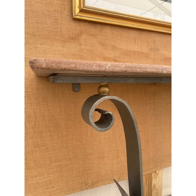 French Provincial Poillerat-Style Wall-Mounted Scrolled Iron + Marble Console Table For Sale - Image 3 of 8