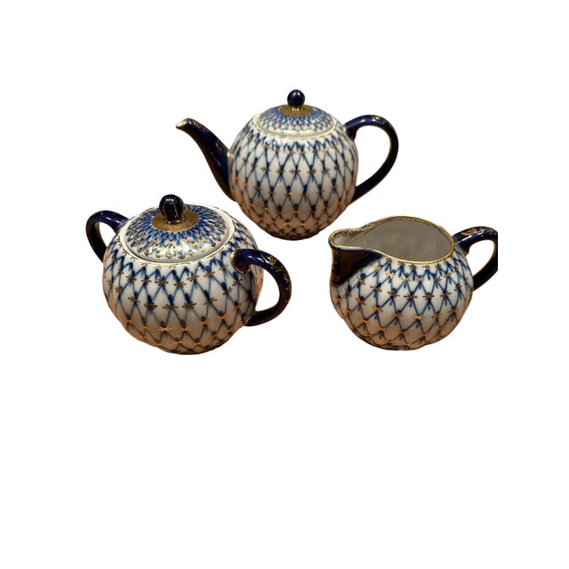 Vintage Lomonosov Imperial Porcelain Cobalt Net Tulip Complete Tea Set for Six - 22 Pieces For Sale - Image 10 of 13
