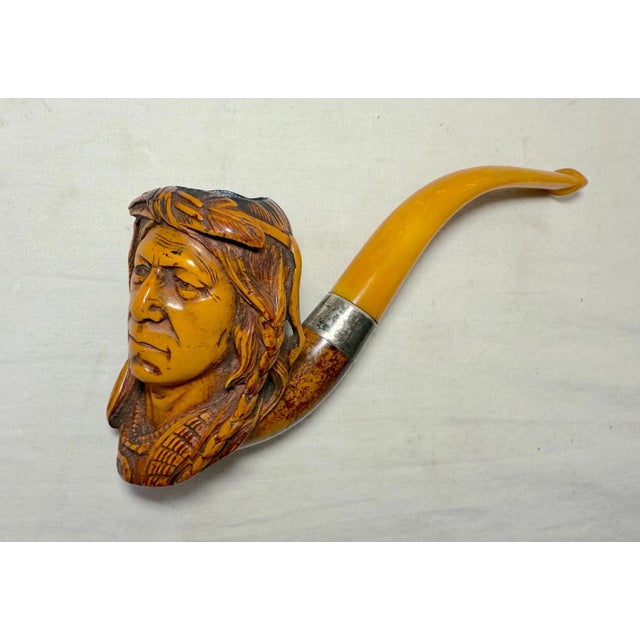 Antique 19th Century Hand Carved Meerschaum Sterling Indian Chief Smoking Pipe For Sale - Image 13 of 17