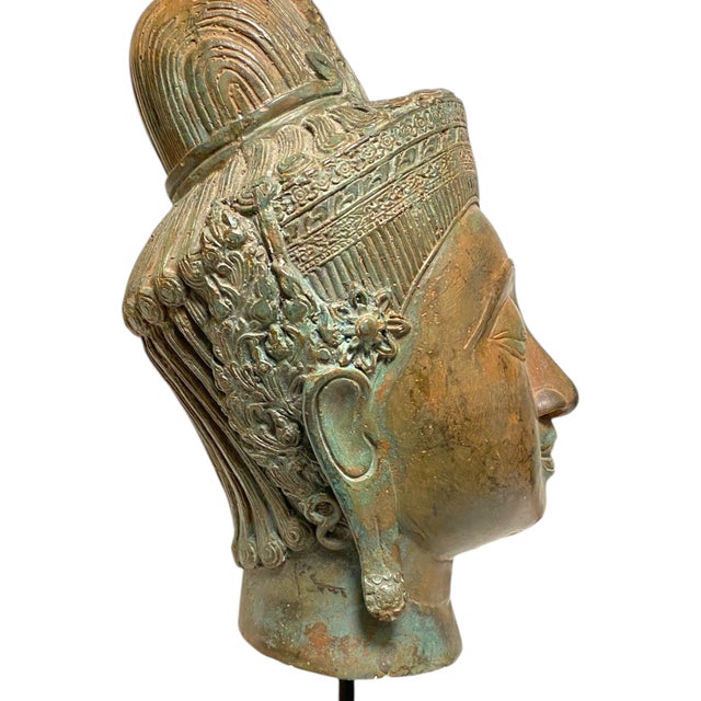 Early 20th Century Thai Bronze Buddha Head Statue Vintage Ayutthaya Style Bust Sculpture Decor For Sale - Image 5 of 18