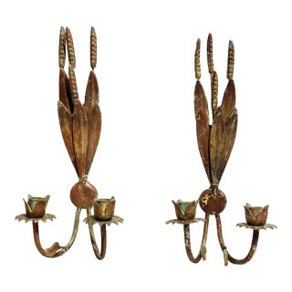 Shaby Chic French Rustic Wrought Iron Wall Candle Holders 16" H Pair For Sale