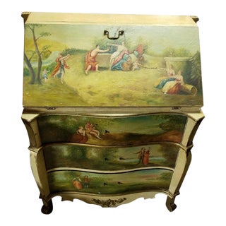 Victorian French Commode Scriban Writing Desk PAinting Couple For Sale