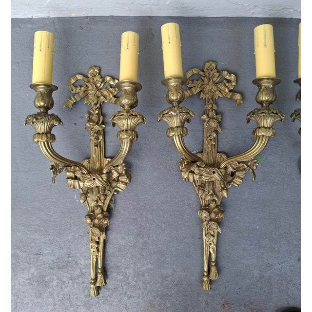 Early 20th Century C1900 Antique French Louis XVI Gold Bronze Ribbon, Tassel, Fruit Detailed Wall Sconces Set of 4 For Sale - Image 5 of 18