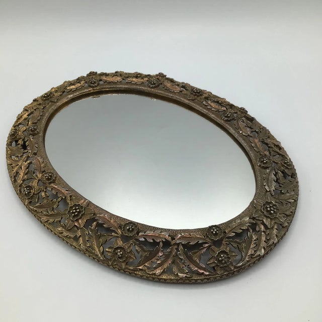 Brass French Art Nouveau Gold Gilt Brass Oval Dresser/Vanity Mirror With Floral Design For Sale - Image 8 of 12