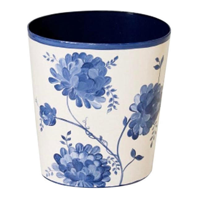 Matthew Izzo Home Blue and White Floral Wastebasket For Sale