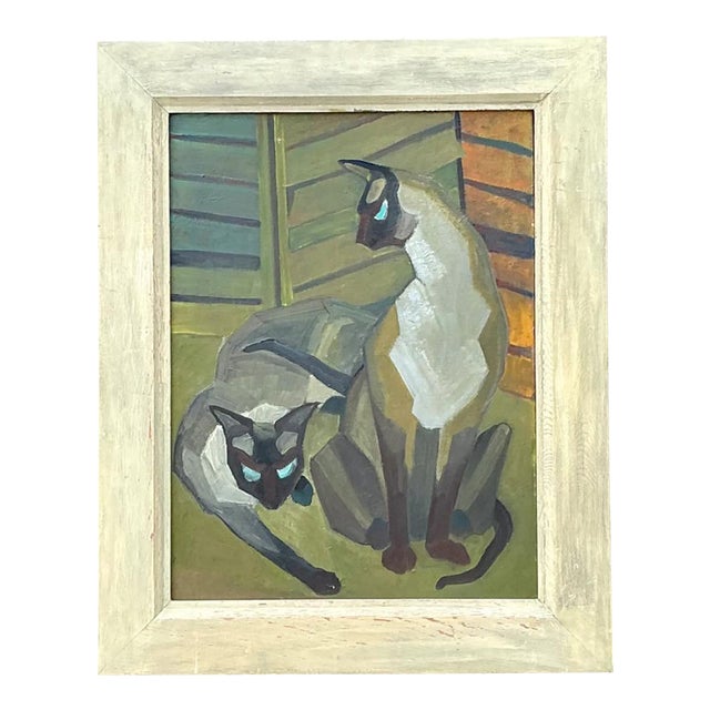 Vintage Figurative Cat Oil Painting on Canvas For Sale