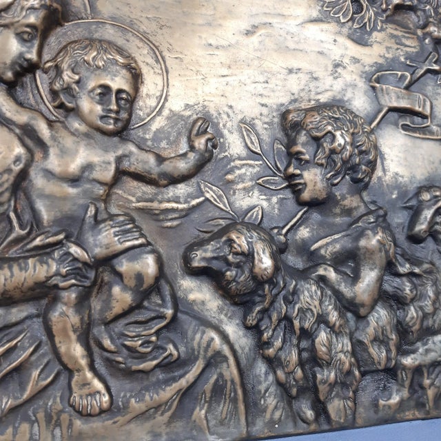 Metal Brass and Embossed Sheet Metal High Relief Panel with Holy Family Painting, 1940s For Sale - Image 7 of 11