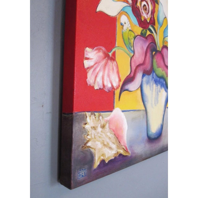 Bouquet with Parakeets by Zoa Ace | Oil on canvas Still life of flowers and parakeets in a vase For Sale - Image 4 of 5