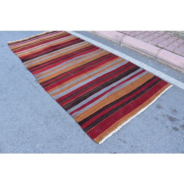 Mid-Century Modern Striped Design Burgundy Turkish Vintage Wool Rug Anatolian Handwoven Ethnic Floor Rug 4x9ft Size: 4 x...
